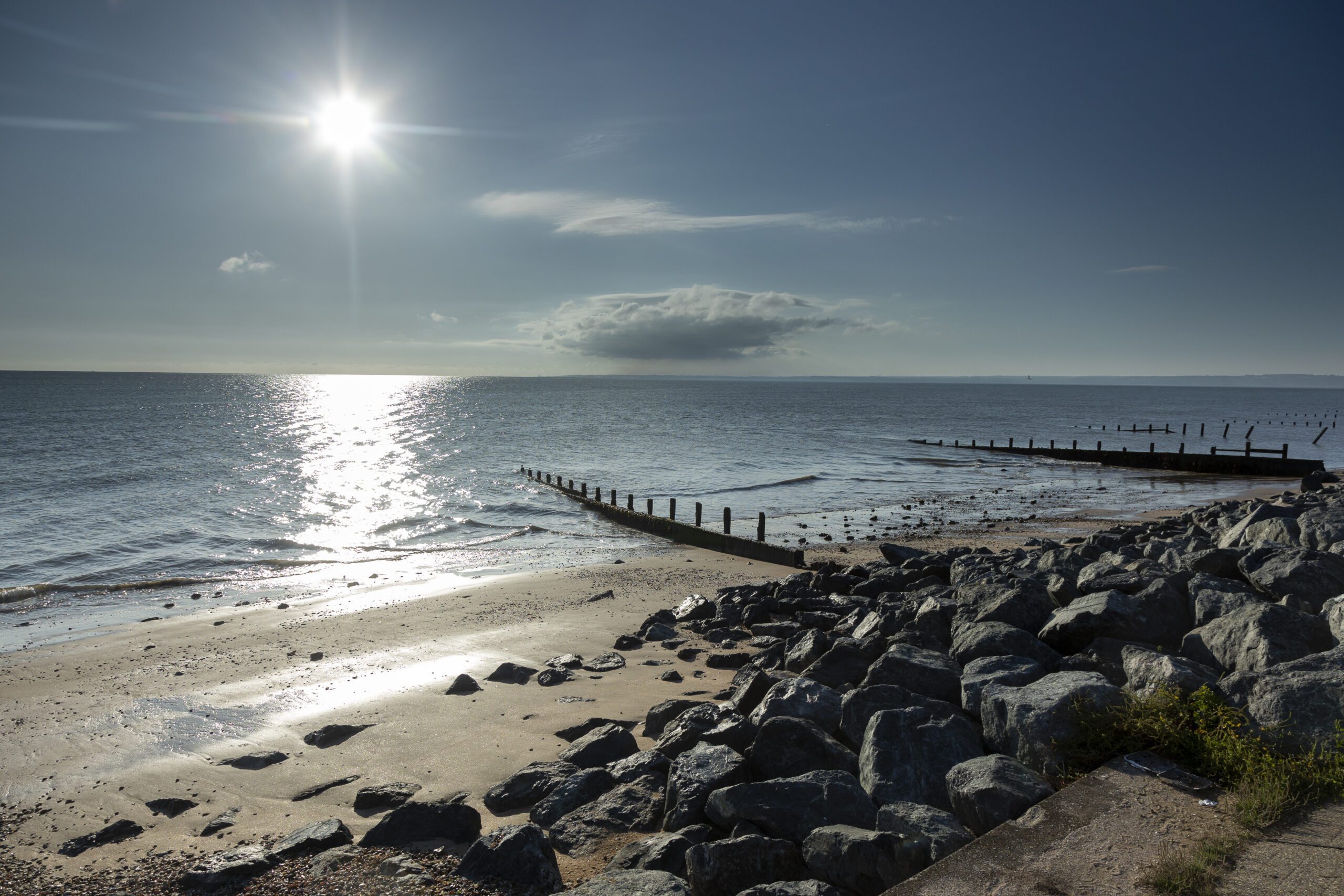 The sun shining on the sea at Leysdown Beach.