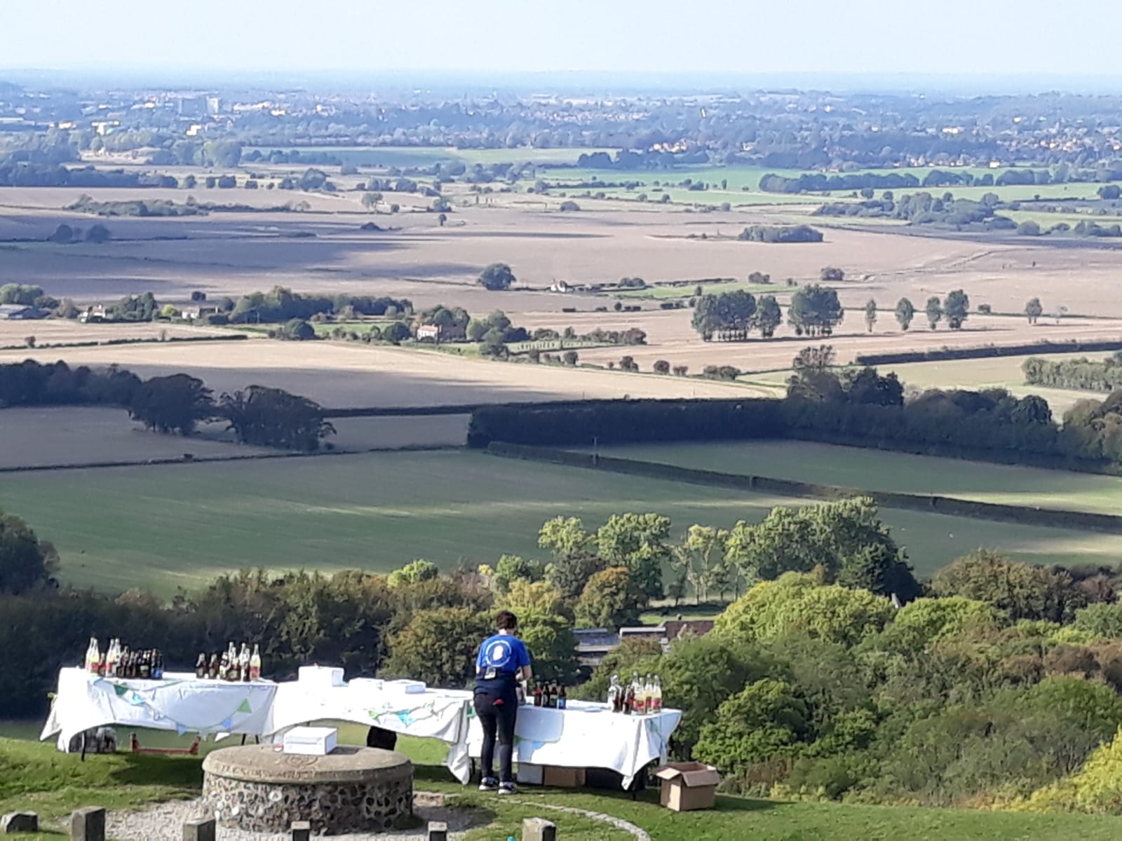 Landscape, with person laying out tables for celebration.