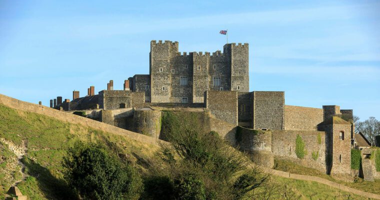 View of Dover Castle and surrounding grounds. Clear, sunny day.