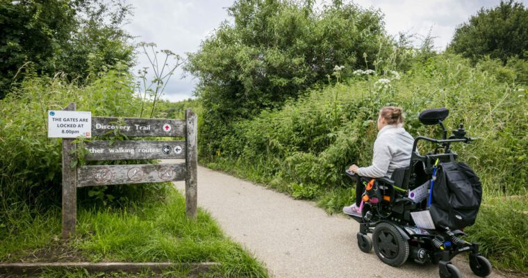 Person on wheelchair at Discovery Trail path, with trees and shrubs around.