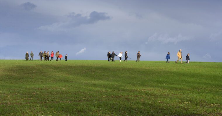 Group of people walking on horizon of green field, sunny day.