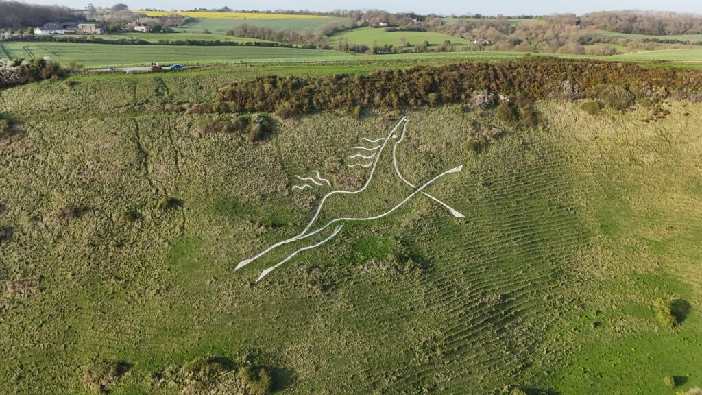 Aerial view of the Folkestone White Horse hill figure