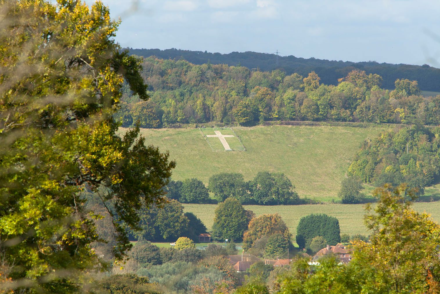 White cross on grass field in distance, surrounded by trees, with houses in foreground.