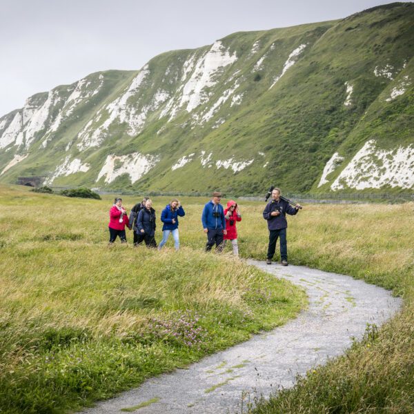Group of people walking through Samphire Hoe, with cliffs on the right.