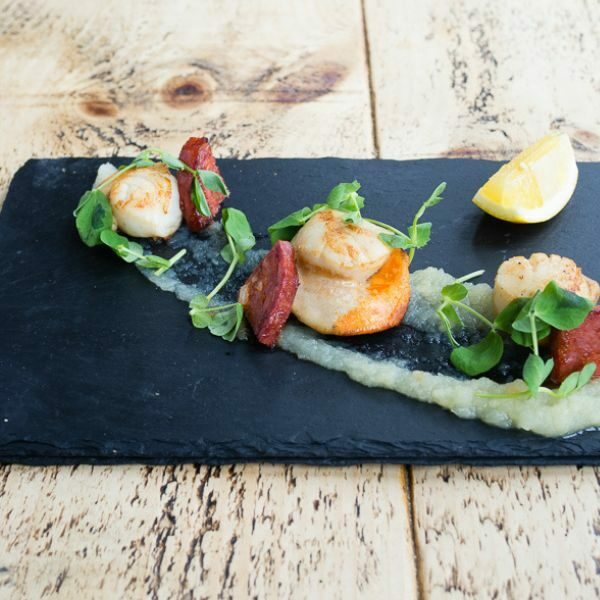 Slate plate with scallops starter.