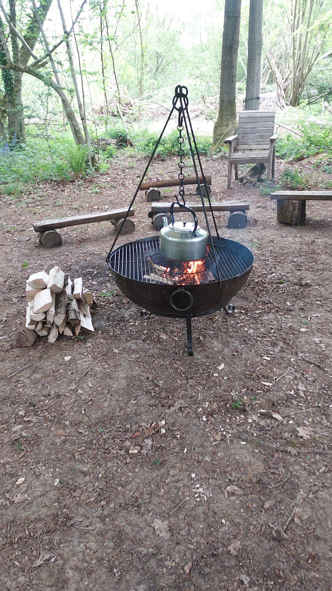 Fire pit in woodland clearing, with small wooden benches.
