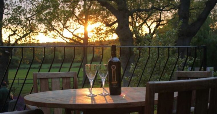 Early evening sunset view in woodland. Table and chairs with bottle of wine and two glasses, at Oak House Farm.