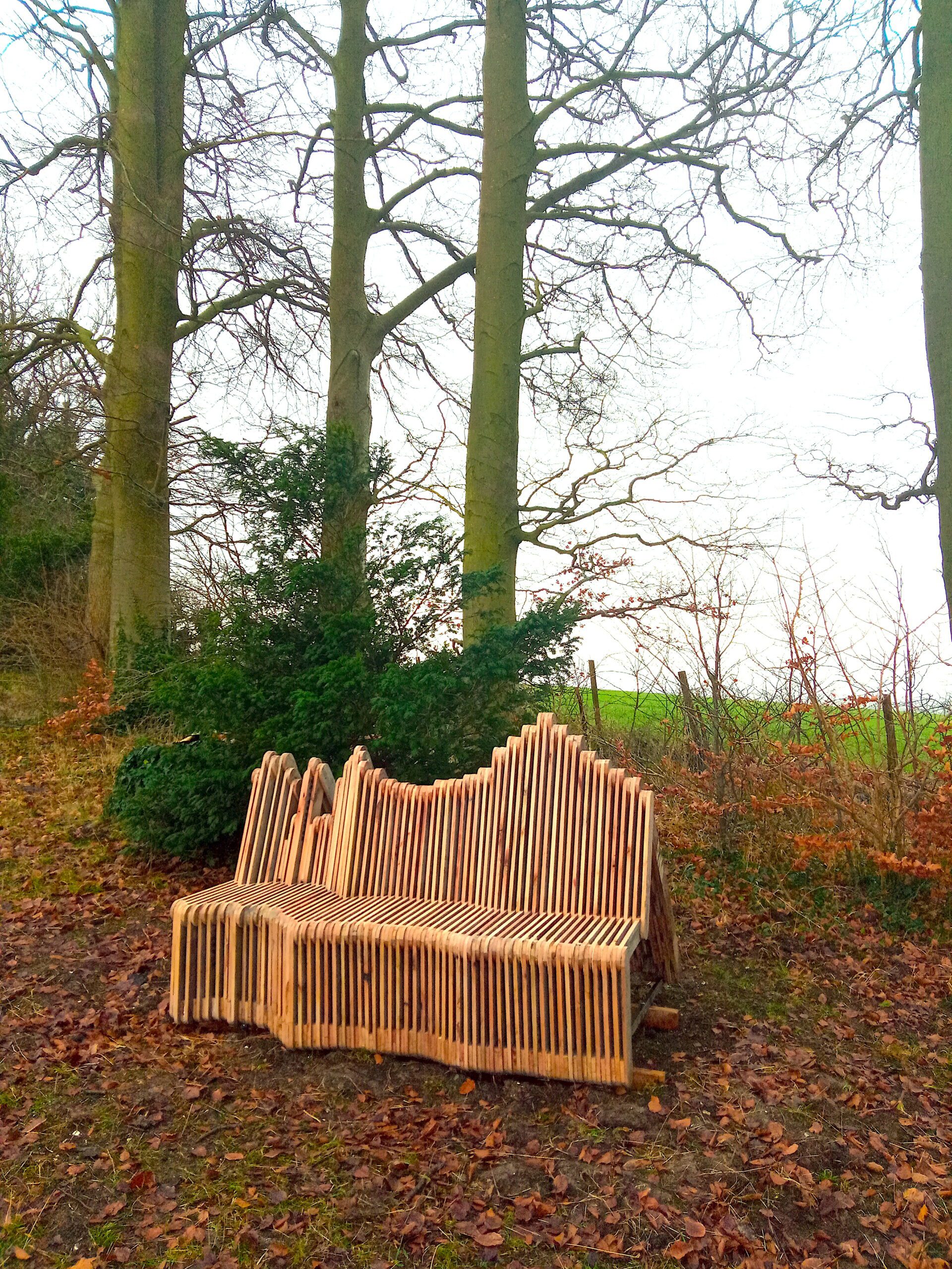 Feel Our Voice sculptured bench, surrounded with some trees and autumn leaves.