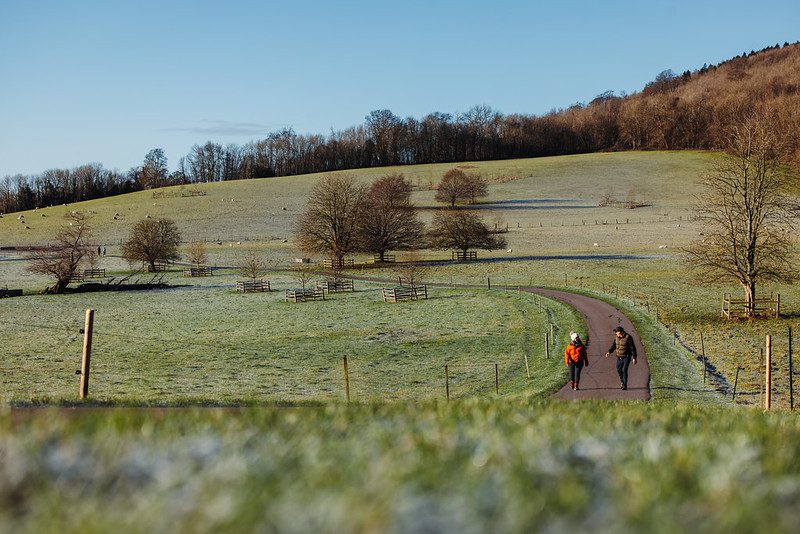 A man and woman walk down a country lane on a wintery day with blue skies