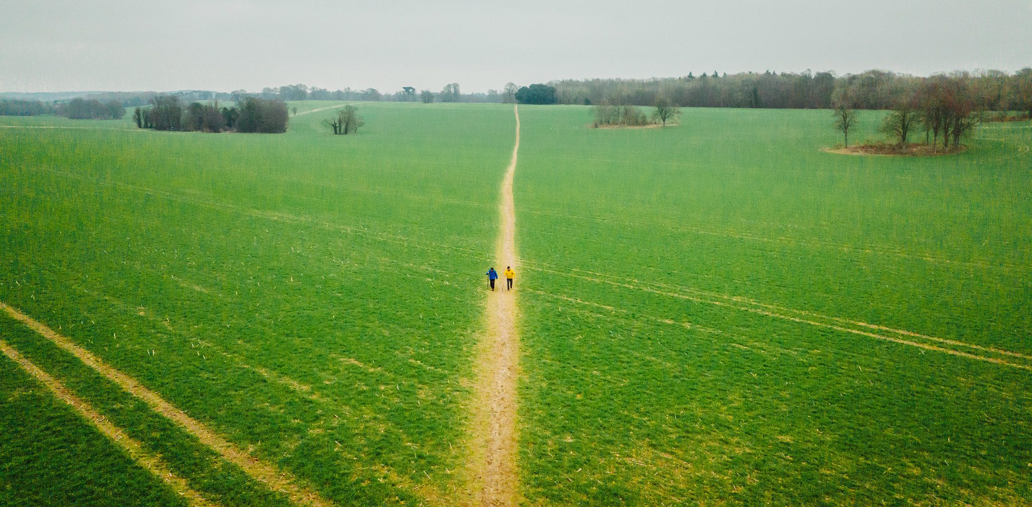 Aerial view of two men walking along footpath through open green field