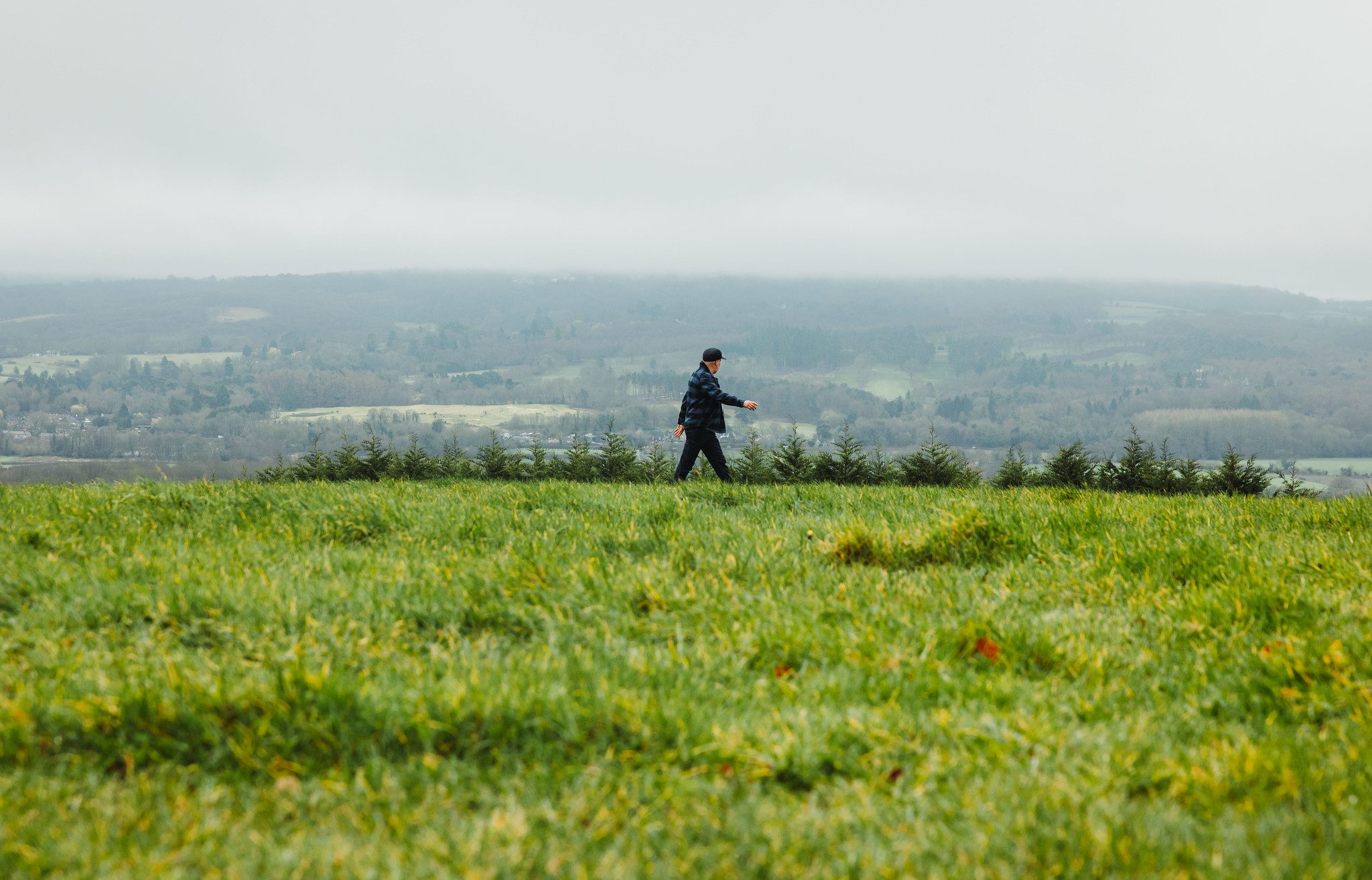 Person walking grass ridge with misty horizon behind