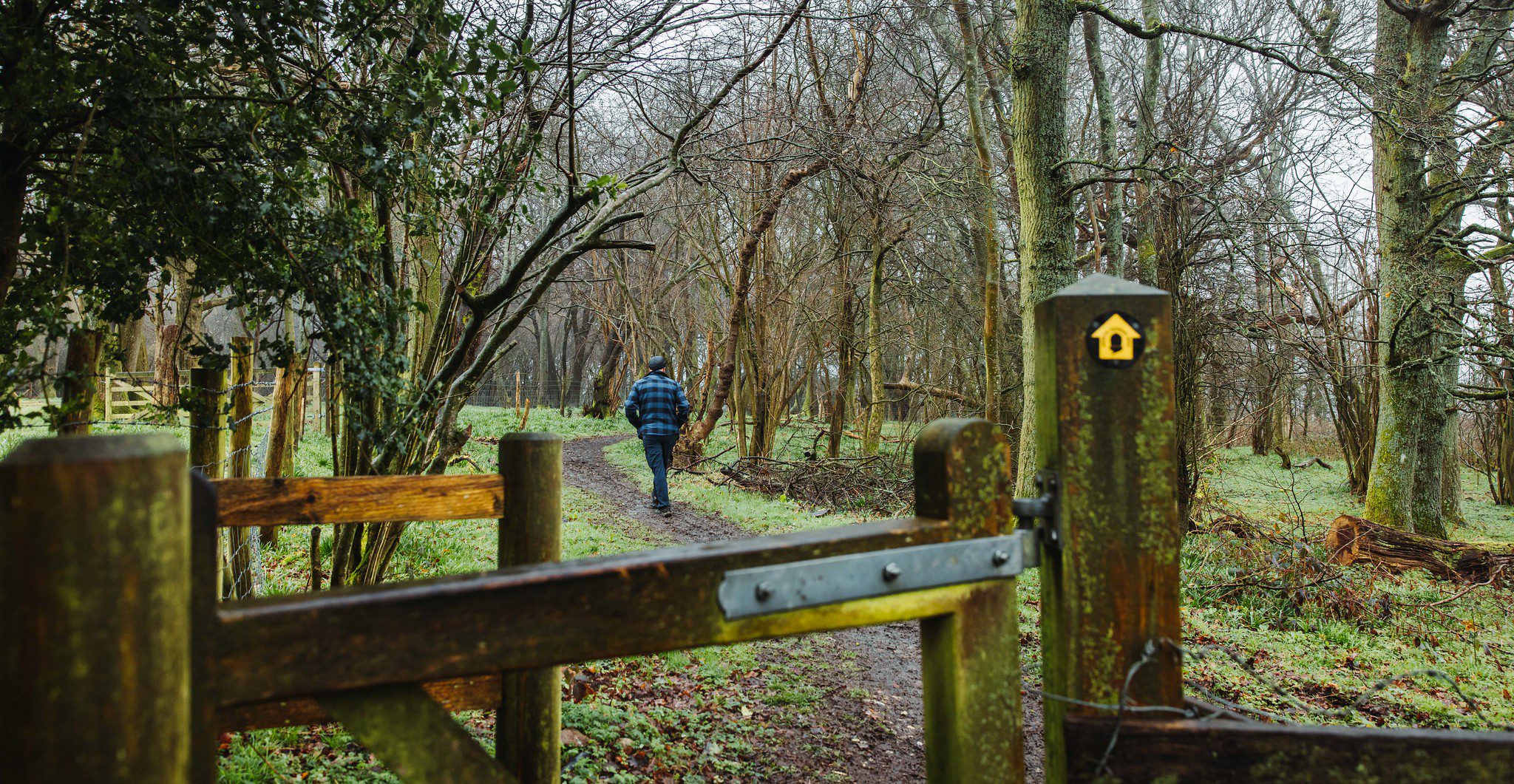 Person walking away from gate and footpath sign in to woodland