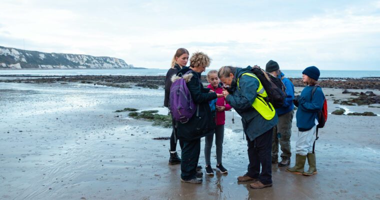 Ranger Mel inspecting the fossil finds with a group of people on the beach