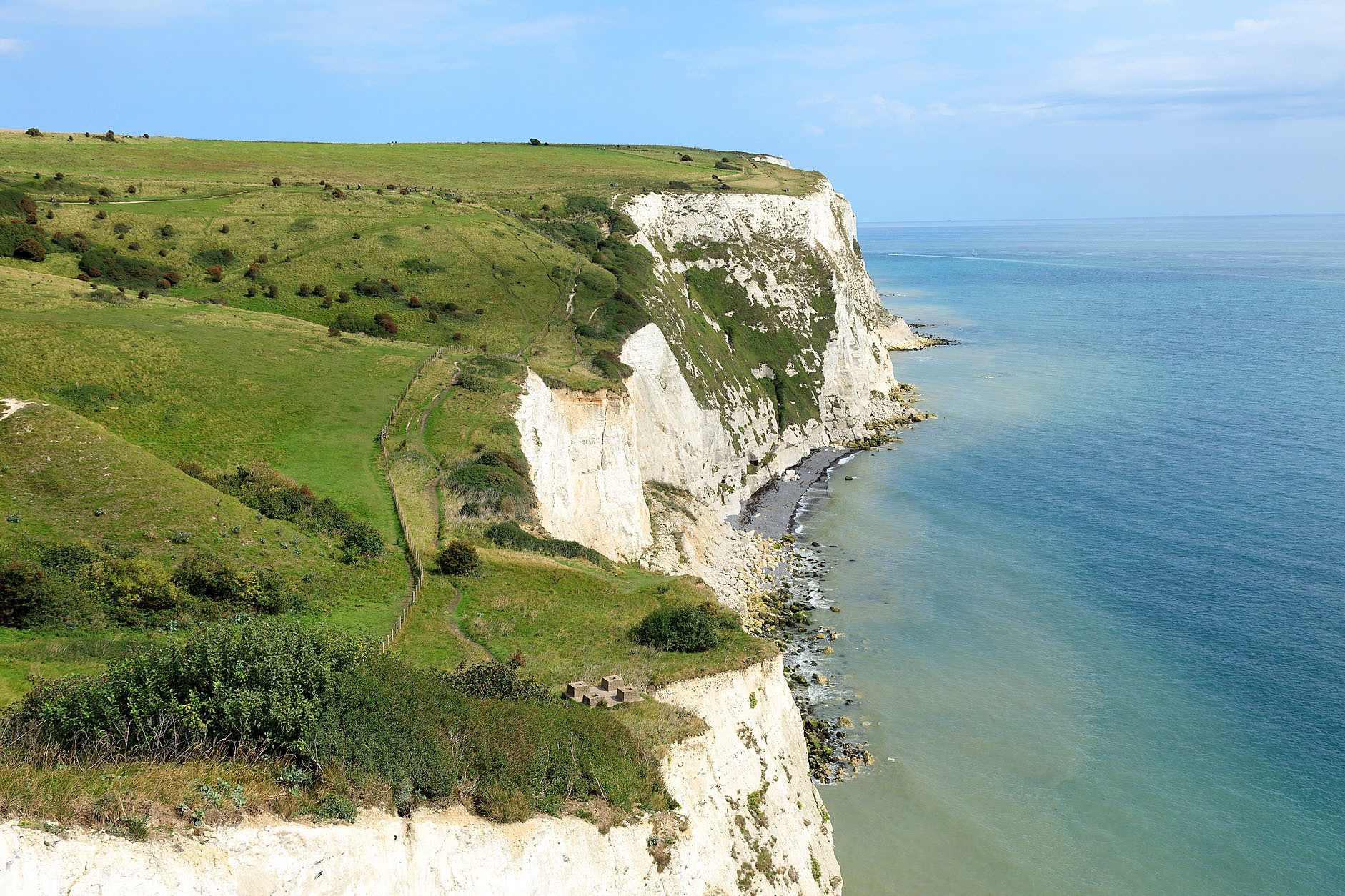 View over the top of the White Cliffs of Dover against the blue Channel