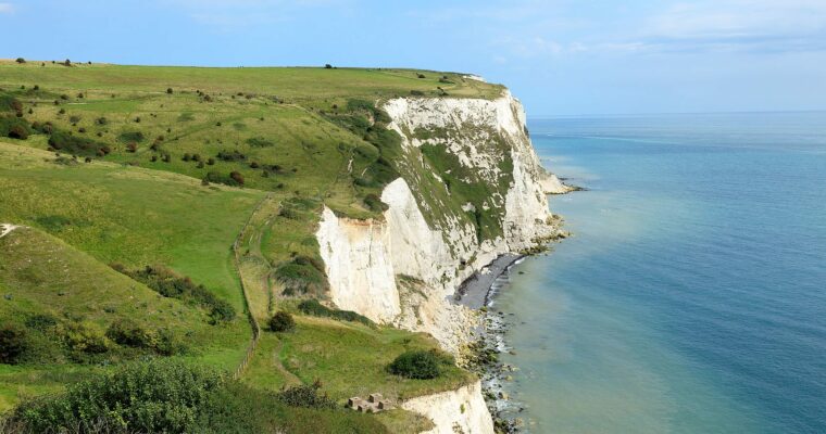 View over the top of the White Cliffs of Dover against the blue Channel