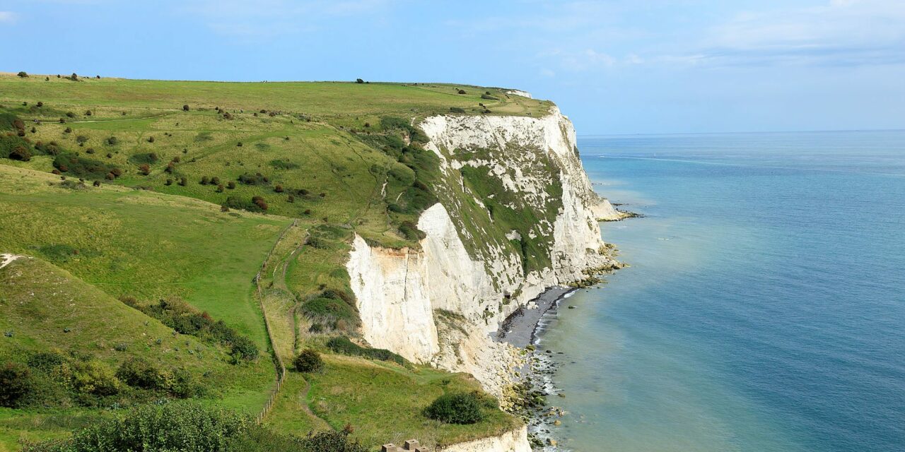 View over the top of the White Cliffs of Dover against the blue Channel