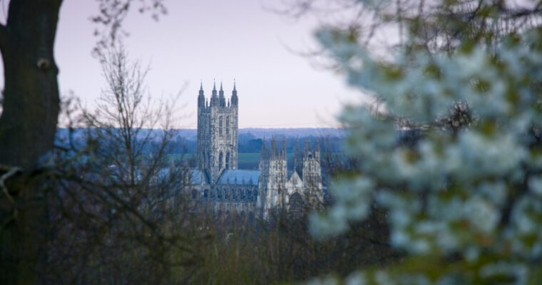 Canterbury Cathedral in the distance. In the foreground is lush green foliage and trees.