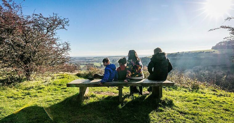 Family sitting on a carved wooden bench admiring panoramic views of the landscape