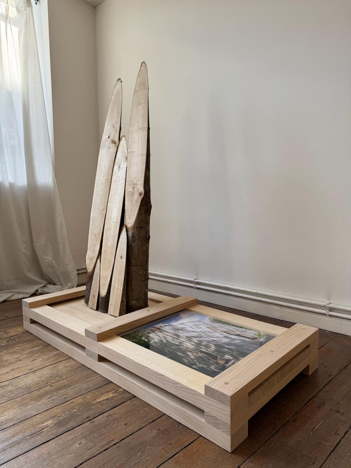 Vertical sections of rough-cut timber rise from a wooden base, echoing the main "Coppice Oratory" installation; a framed photo of a forest canopy lies alongside them, visually anchoring the sculpture to its woodland inspiration. The piece rests indoors on a polished wooden floor with heavy curtains behind, blending nature and reflection in a gallery-like setting.