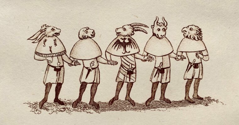 A line of five masked figures holding hands, each dressed in medieval-style costumes with large collars and tunics. The masks resemble various animal or mythical faces, including a goat, bull and bird. Below them, the word “Mummeries” appears in cursive script.