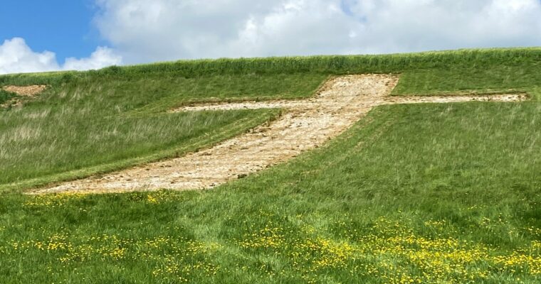 Cross carved into the chalk on a grassy bank in Lenham