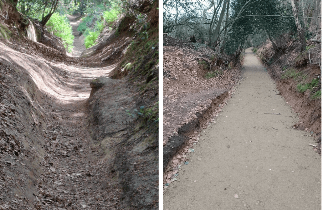 A before and after image showing improvements to the North Downs Way in Surrey