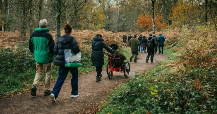 A group of walkers and a person in a wheelchair walk and wheel along an accessible path.