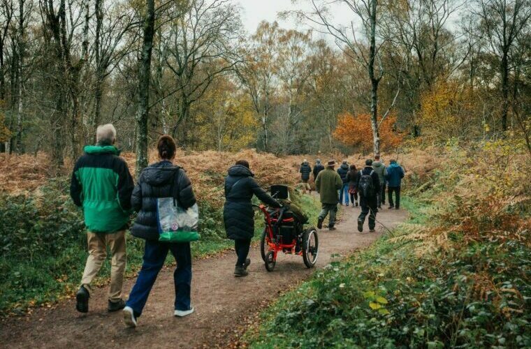 A group of walkers and a person in a wheelchair walk and wheel along an accessible path.