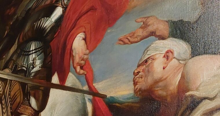 Close-up of the painting - portrait of St Martin at Dover's Maison Dieu.