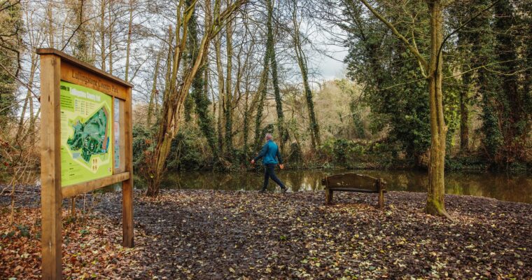 Man in winter coat walking past information board for Lullingstone Country Park